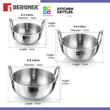 Bergner Mini Tri---Ply Kadai Set --- 10---cm - 12---cm - 14---cm